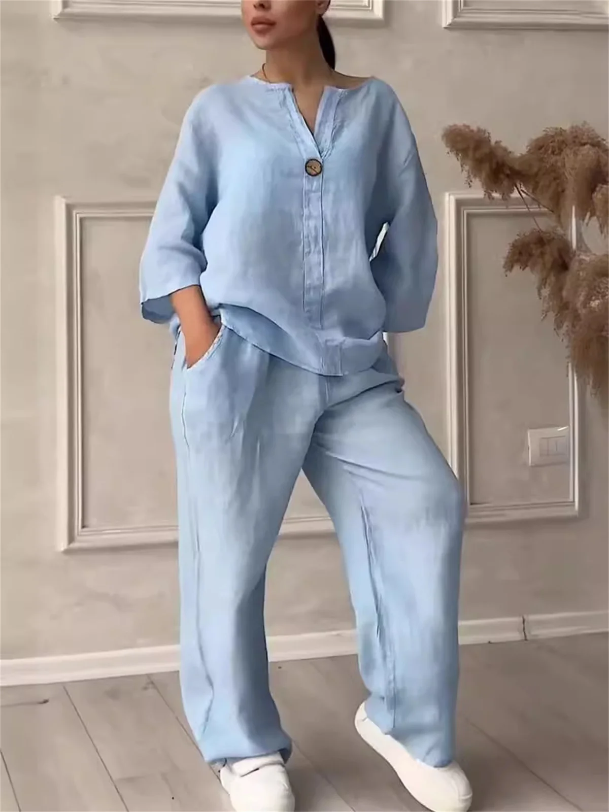 Women Casual Solid V Neck Set Fashion Autumn Spring Two piece Set Cotton and Linen Sets Shirt Top Wide-leg Pant Long Sleeve Suit