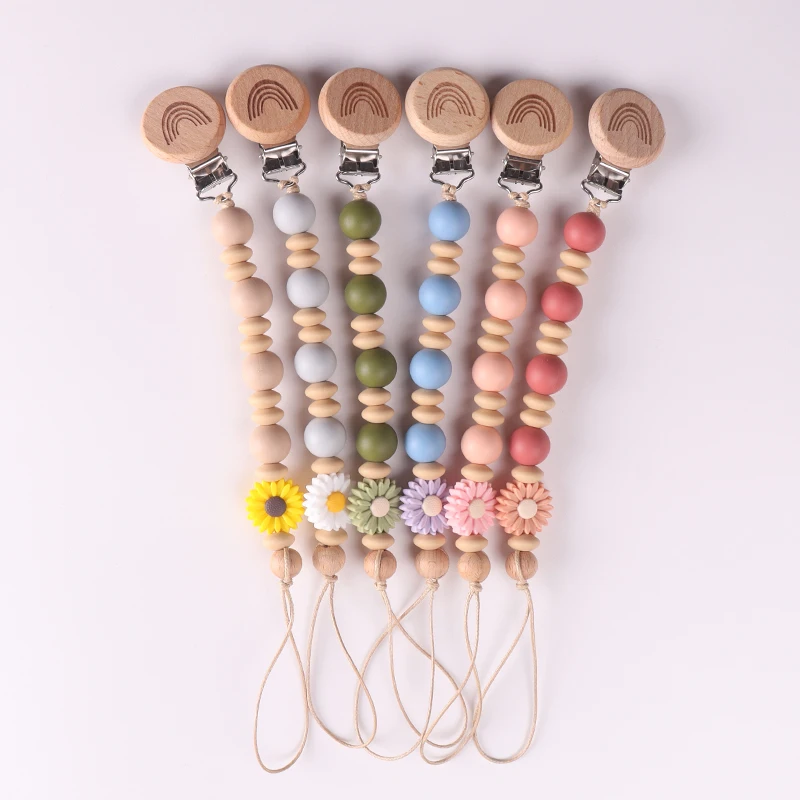 Daisy Flower Baby Pacifier Clips Babies Soothing Beech Silicone Anti Drop Pacifier Chain