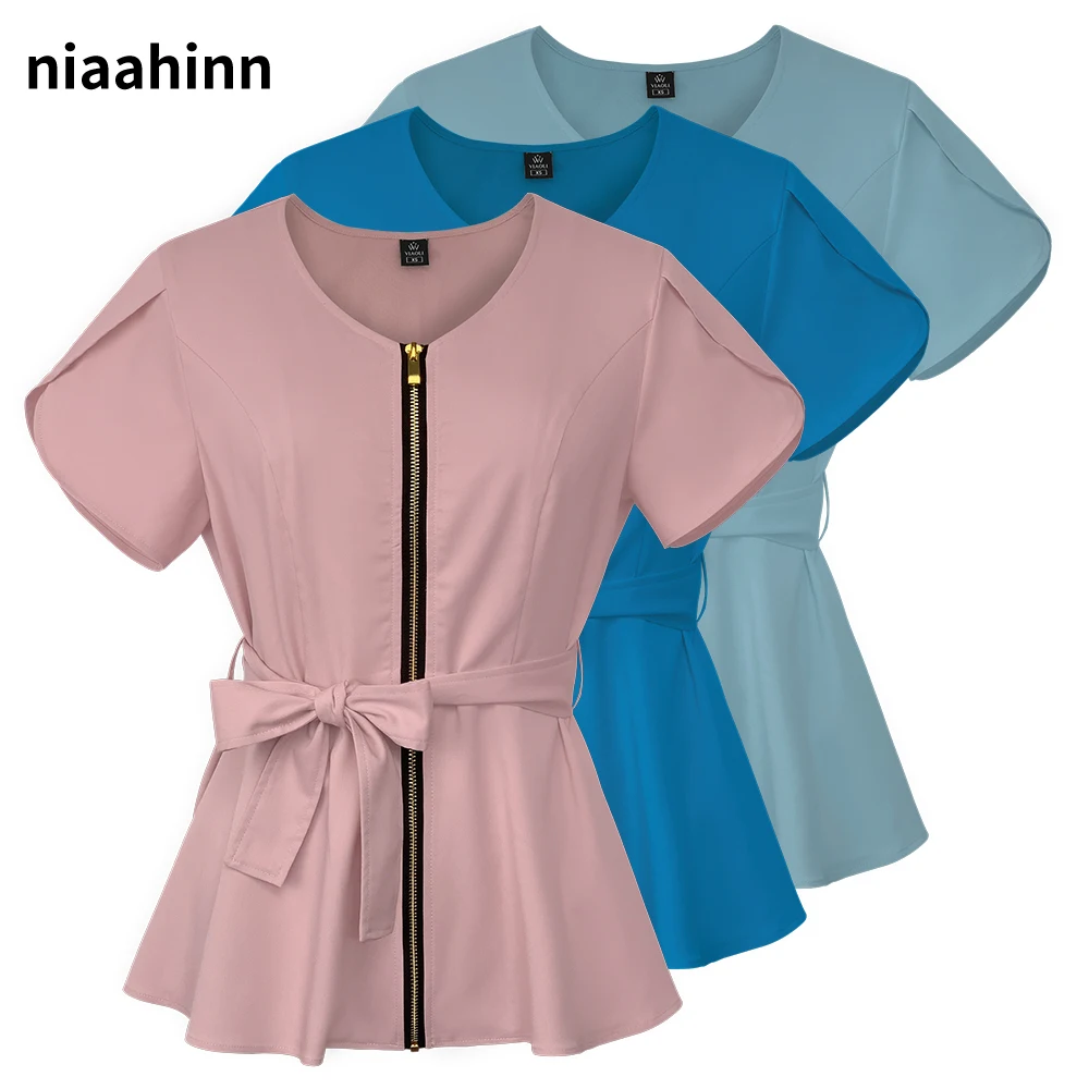 Slim Fit Medical Unifrom Nurse Uniform High Quality Belt Solid Color Scrub Tops Beauty Salon Workwear Doctor Shirt New