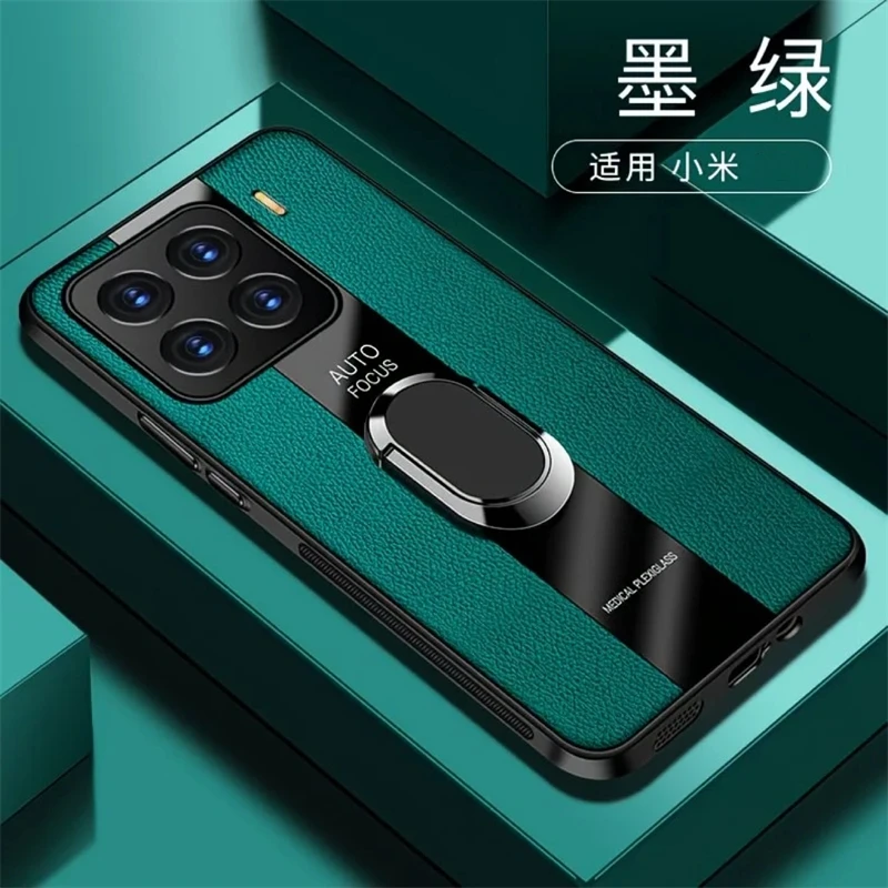 Luxury Leather Magnetic Case with Ring Holder and Shockproof Silicone Bumper