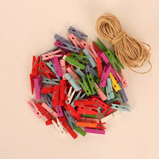 100pcs Mini Wooden Clothespins With 10m Jute Twine Photo Paper Peg Pin  Craft Clips for Scrapbooking Arts Crafts Hanging Photos - AliExpress