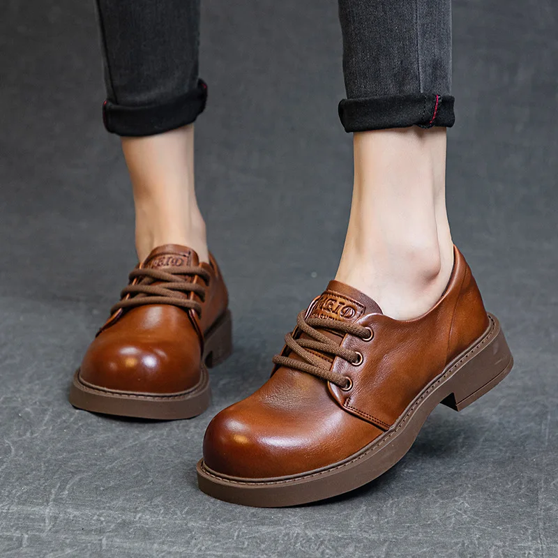 

Туфли женские кожаные на среднем каблуке, повседневные лоферы, круглый носок, на шнуровке