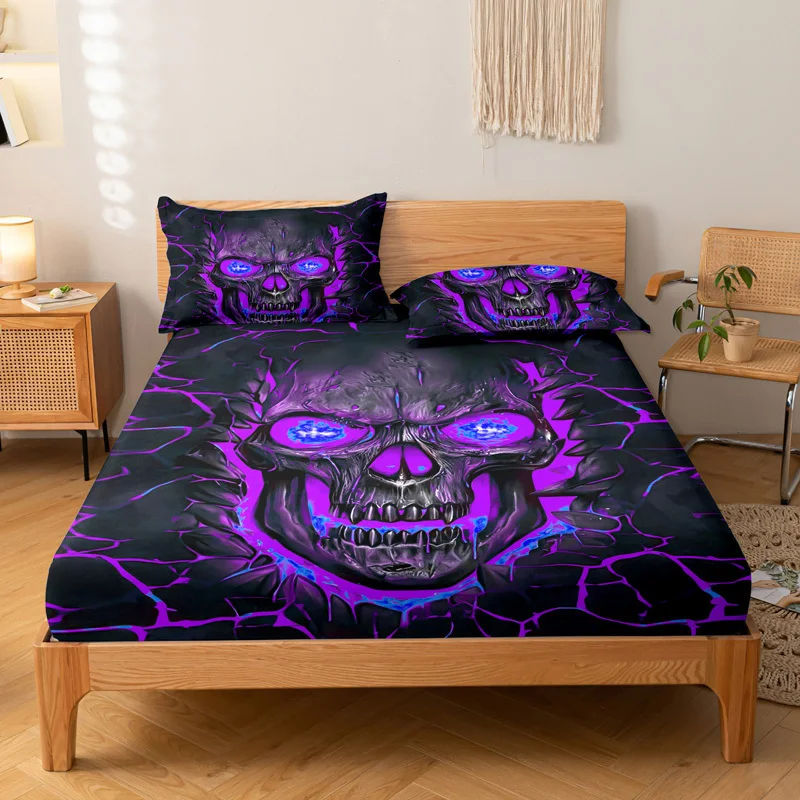Purple Light Skull Pattern Fitted Sheet Set-Soft And Comfortable Bedding Cover Set For Bedroom Guest Room And Dorm Decor 3