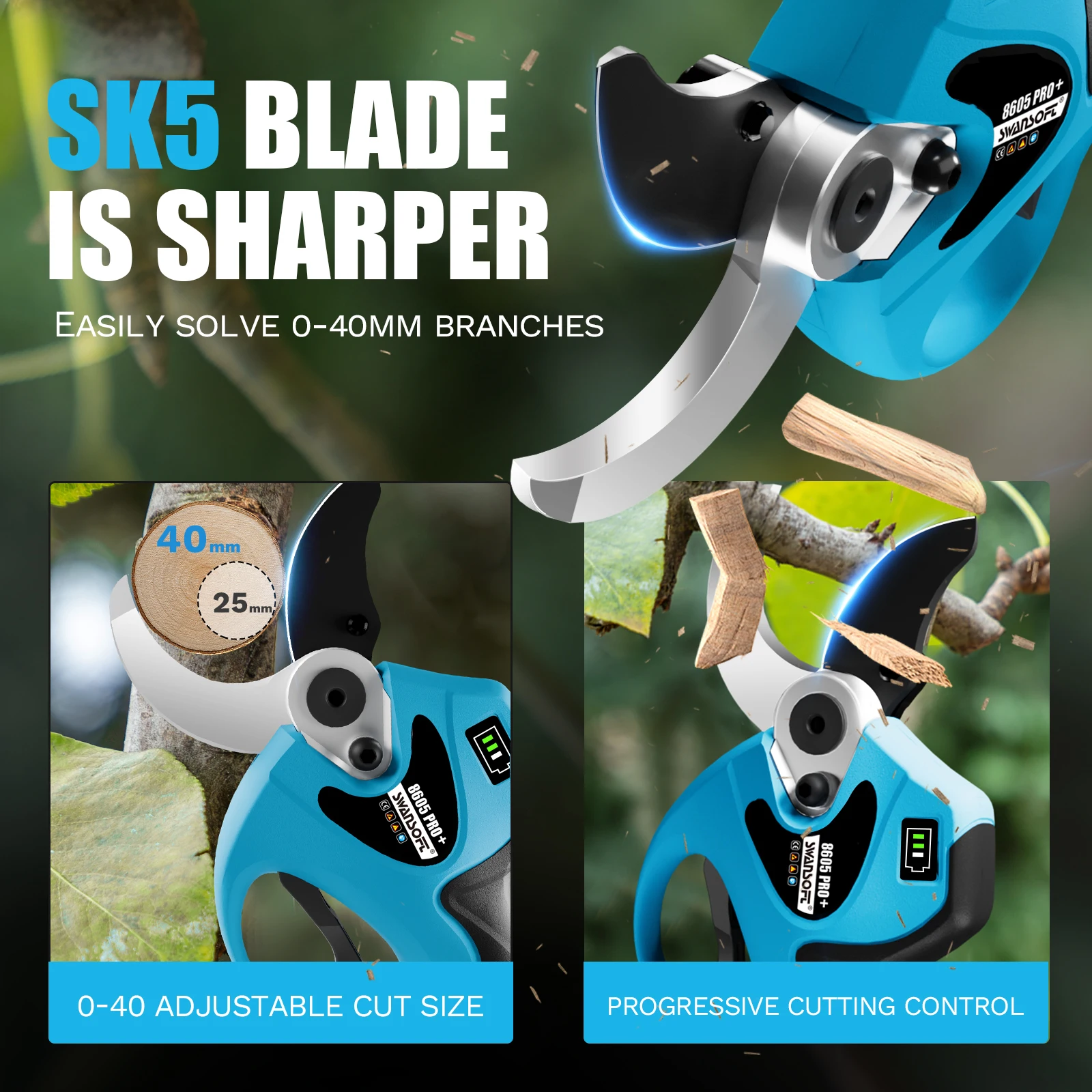 SW-8605Pro 40mm 21V Cordless Pruner Lithium-ion Pruning Shear Efficient ScissorsBonsai Electric Tree Branches Garden Tools 5