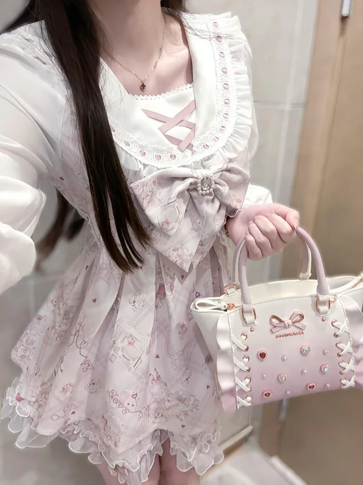 Japanese Sweet Lolita Kawaii Dress Women Spring Printed Bow Design Fake Two Piece Dress
