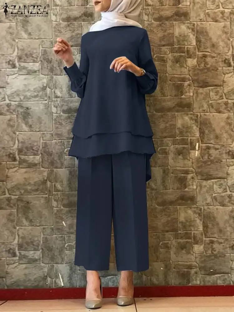 

Модный повседневный мусульманский комплект ZANZEA 2 шт. однотонная блузка с длинным рукавом Свободные Брюки комплекты абайя кафтан винтажный офисный костюм 2023