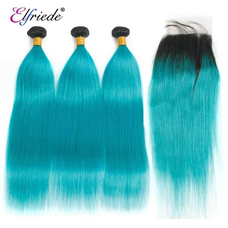 

Elfriede #T1B/Lake Blue Straight Ombre Colored Hair Bundles with Closure 100% Human Hair Weaves 3 Bundles with Lace Closure 4x4