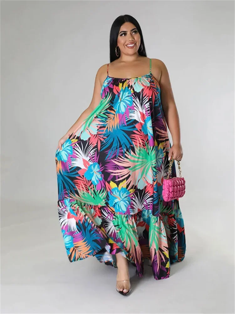 Wmstar Plus Size Dresses for Women Wholesale Flowers Print Sexy Slip Big Hem Draped Maxi Dress Sweet Style Dropshipping 2025
