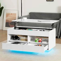 Top Lift Coffee Table with RGB LED Light High Gloss Surface Hidden Storage Compartment and Drawer Height Adjustable Tea Tables