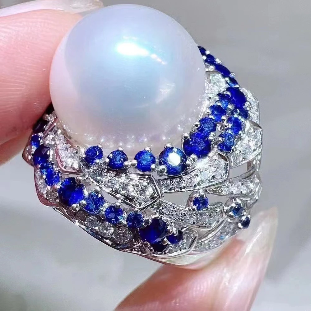Luxurious 12.5-13mm Big Natural White Semiround Pearl Fashion Flower Ring 925 Silver Fine Wedding Jewelry for Women