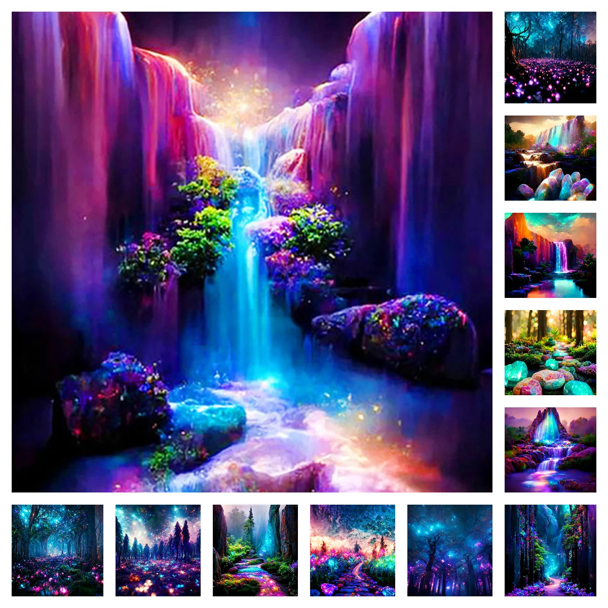 5d Diy Diamond Painting Set Colorful Waterfall Night View Handmade