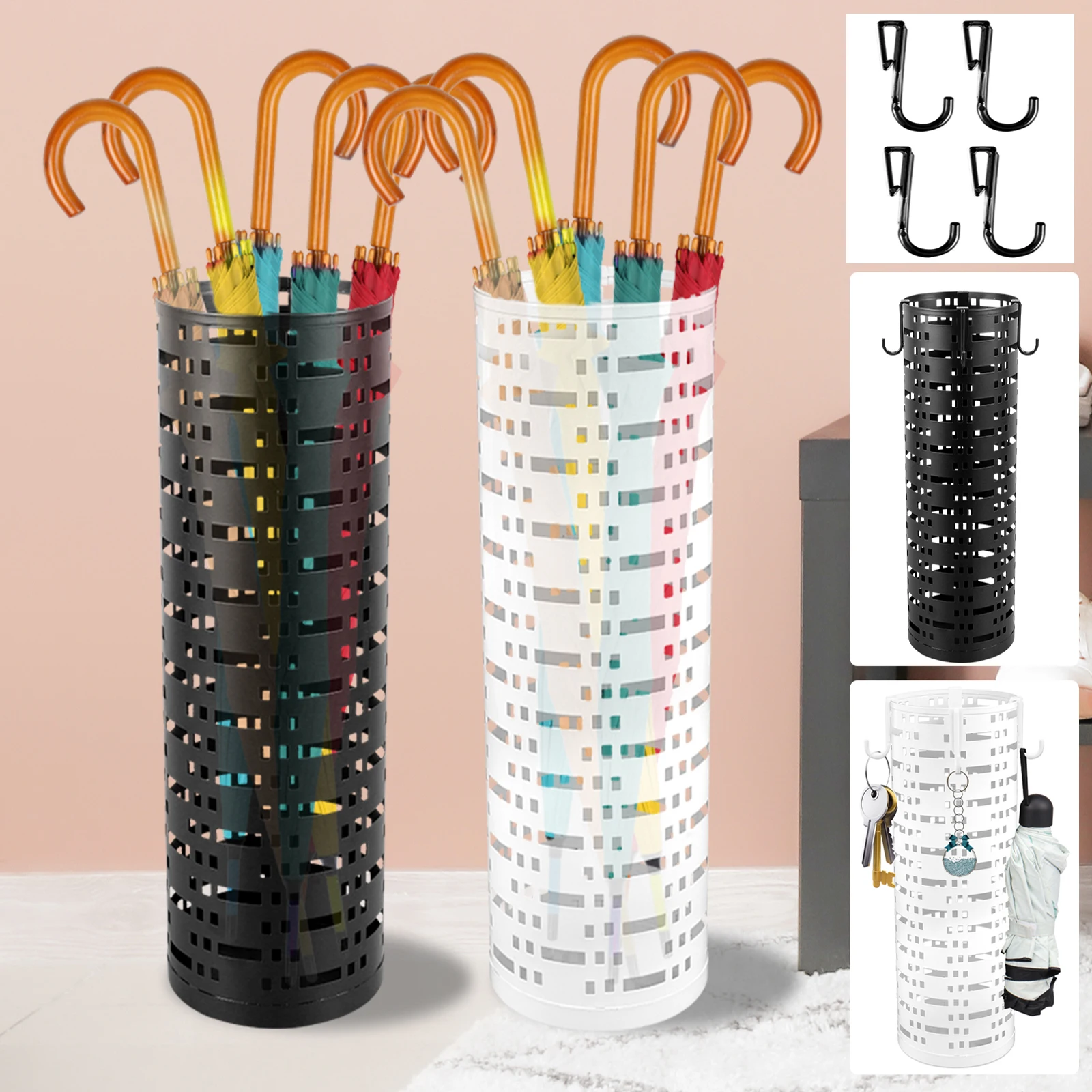 Black Metal Umbrella Stand With Hooks - Sleek Entryway Organizer For Wet Umbrellas & Walking Sticks