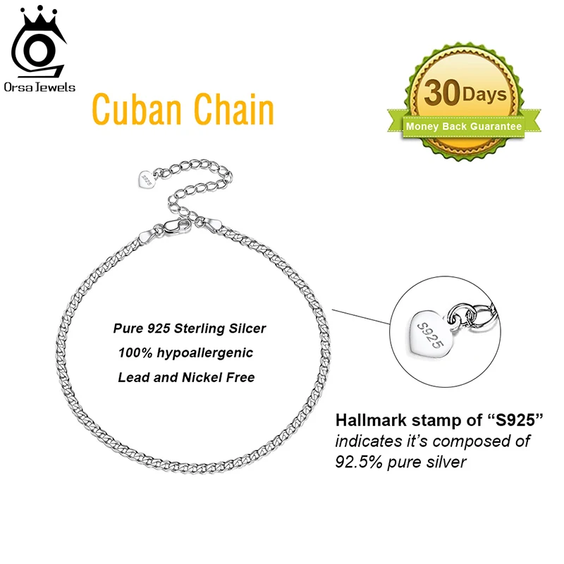 ORSA JEWELS Cuban Ankle Bracelets S925 Sterling Silver 2.5mm Flat Curb Cuban Link Chain Anklets Summer Beach Feet Jewelry SA11