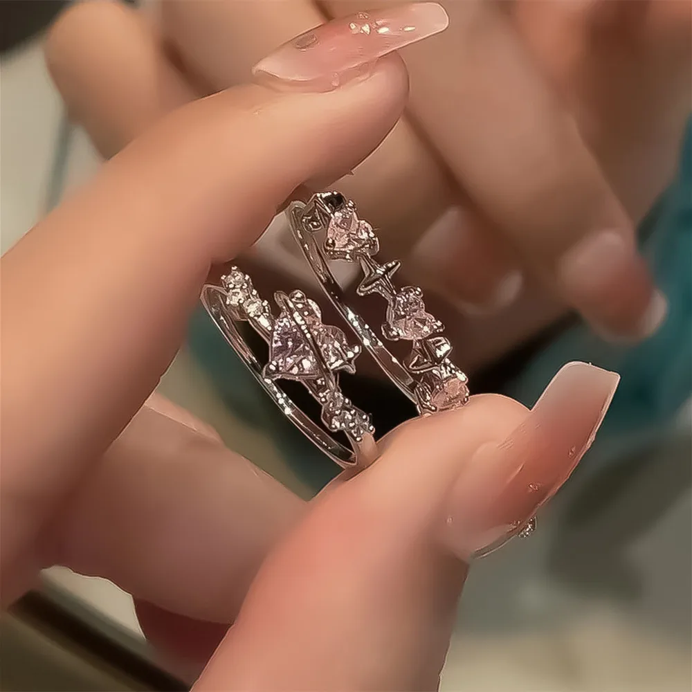 New Barbie Pink Love Heart Crystal Ring Women Light Luxury Design Fashion Personality Ring Sweet Food Ring Finger Jewelry 2024