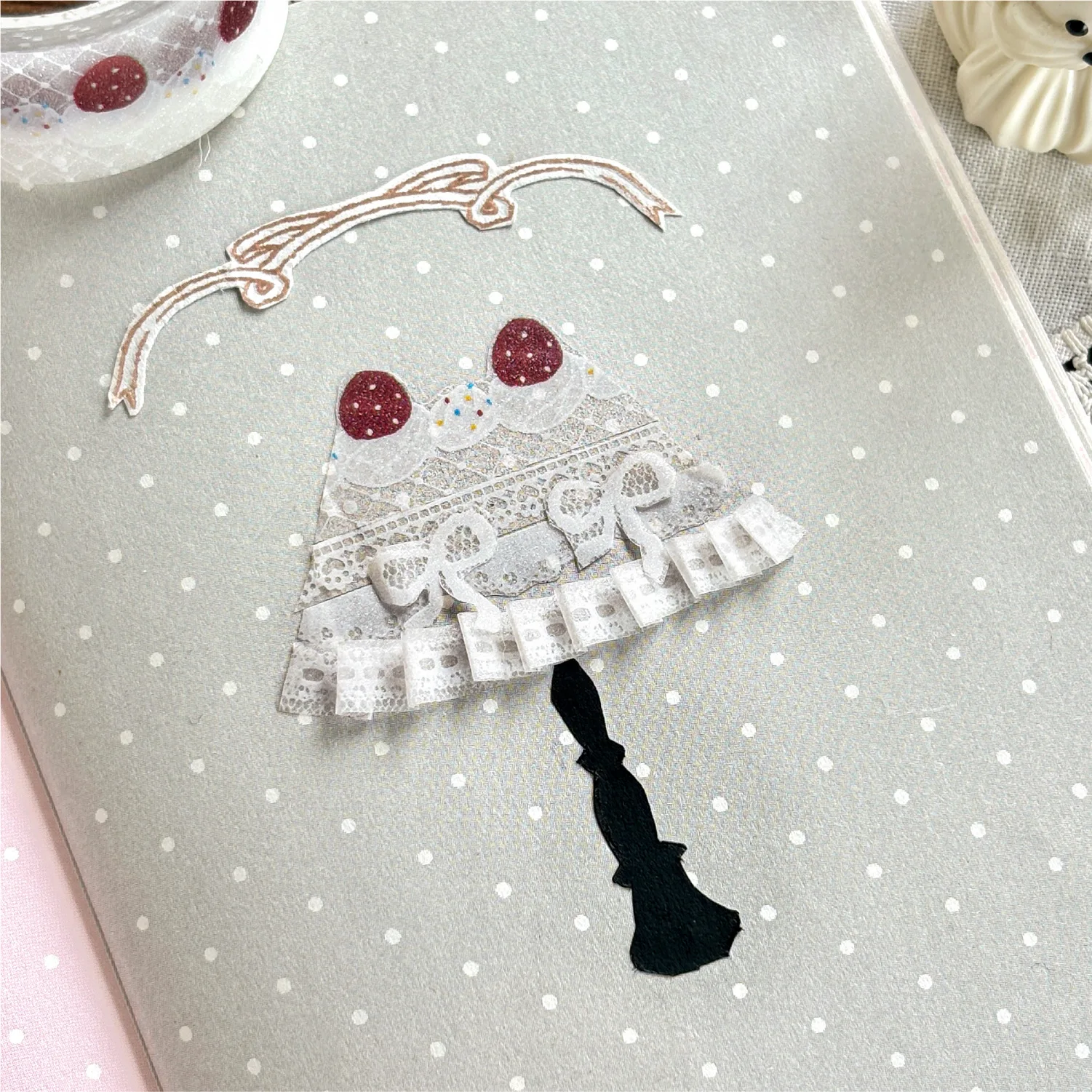 수제 레이스 시리즈 빈티지 레이스 딸기 케이크 풍경 PET 테이프 창의적인 DIY 저널 재료 콜라주 문구류