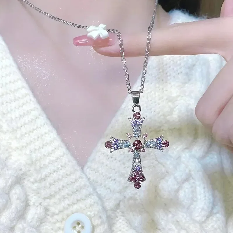 Shiny Crystal Cross Pendant Necklace - Chic Punk Fashion Jewelry