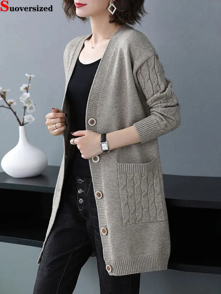 

Elegant Sweater Coats Casual Basic Slim Knitewear Outwear Spring Fall V-neck Knitted Cardigan Women's mid-length Oversize 4xl