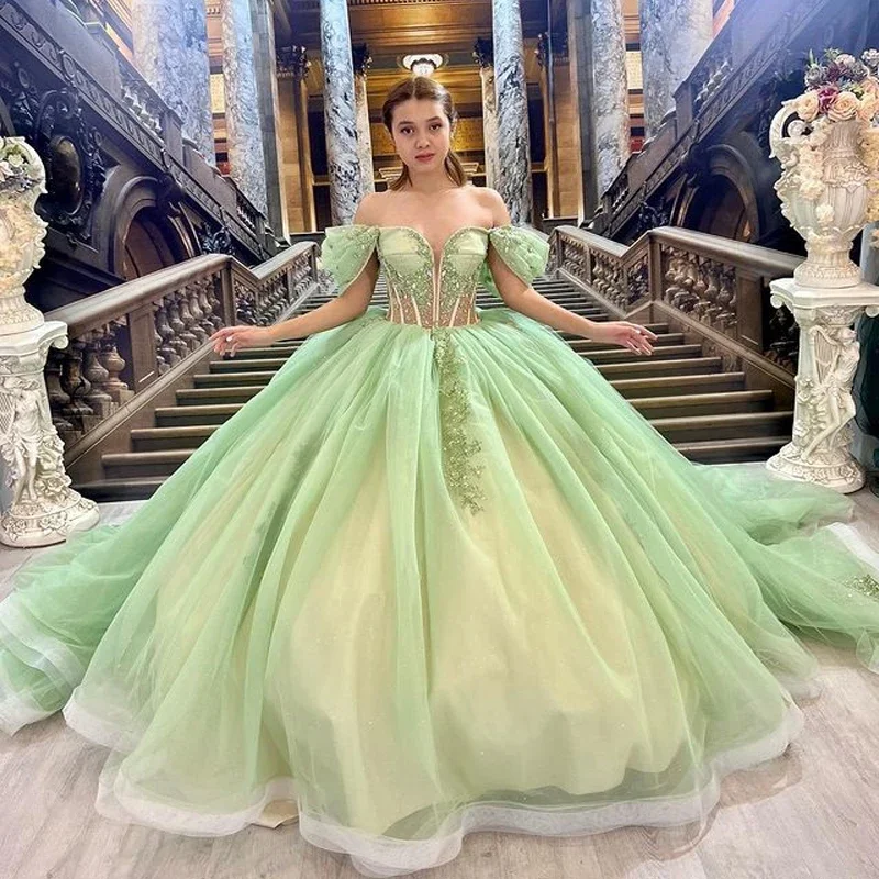 

Glittering Green Sweetheart Quinceanera Dress Off Shoulder Beading Floral Appliqué Vestidos De 15 Anos Ball Gown