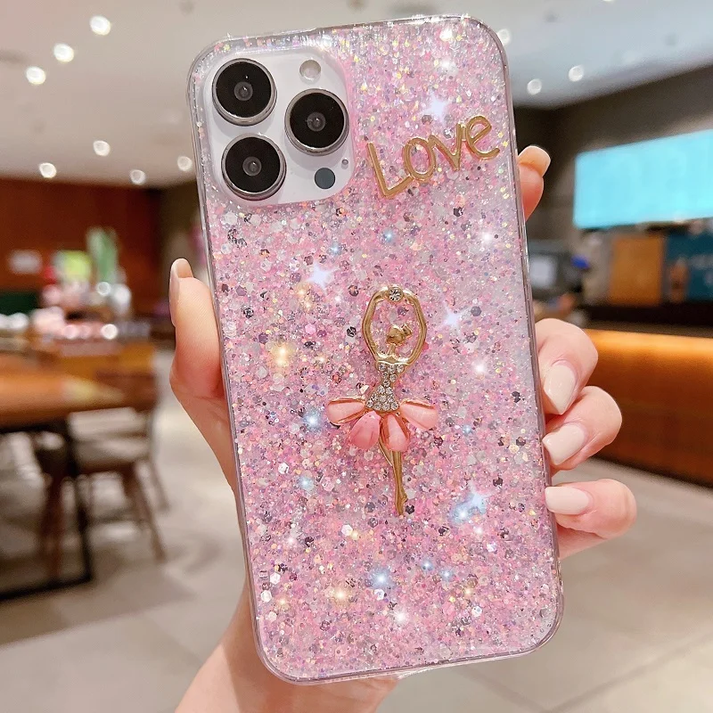 Love Ballet Girl Paste Glitter Phone Case For Oppo Reno 8 7 6 5 4 2 F K Z Lite Pro Plus Epoxy Shockproof Soft Cover Coque