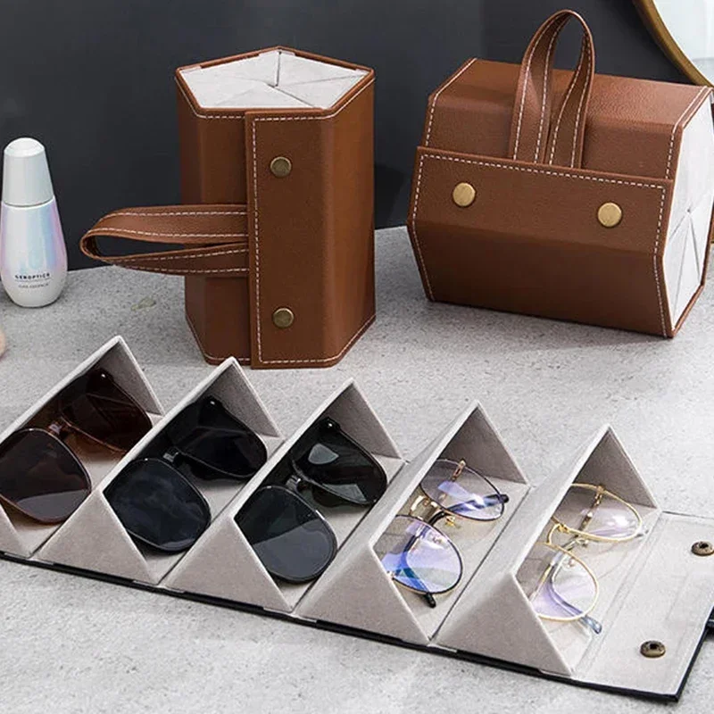 

Portable Glasses Organizer 3/5Grids Multi-slot Eyeglasses Storage Display Travel Folding Sunglasses PU Leather Case Home Storage