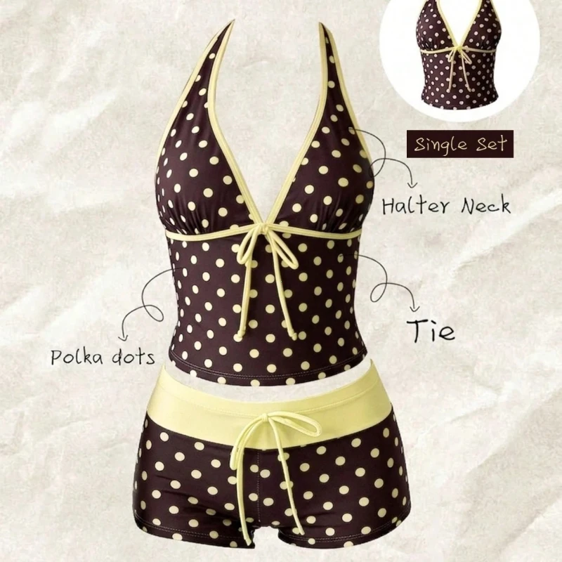 Women Swimwears Polka Dot 2-Piece Tankini Set Halter V