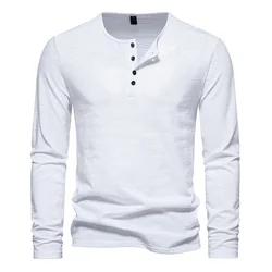 Men's Long Sleeve Cotton Slim Fit Casual Button Neck T - Shirt - S (White)