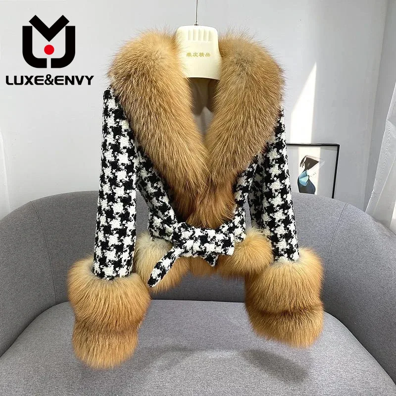 

LUXE&ENVY New Short Style Thousand Bird Grid Splice Imitation Fox Hair Fashion Fur Coat For Young Women 2023 Autumn
