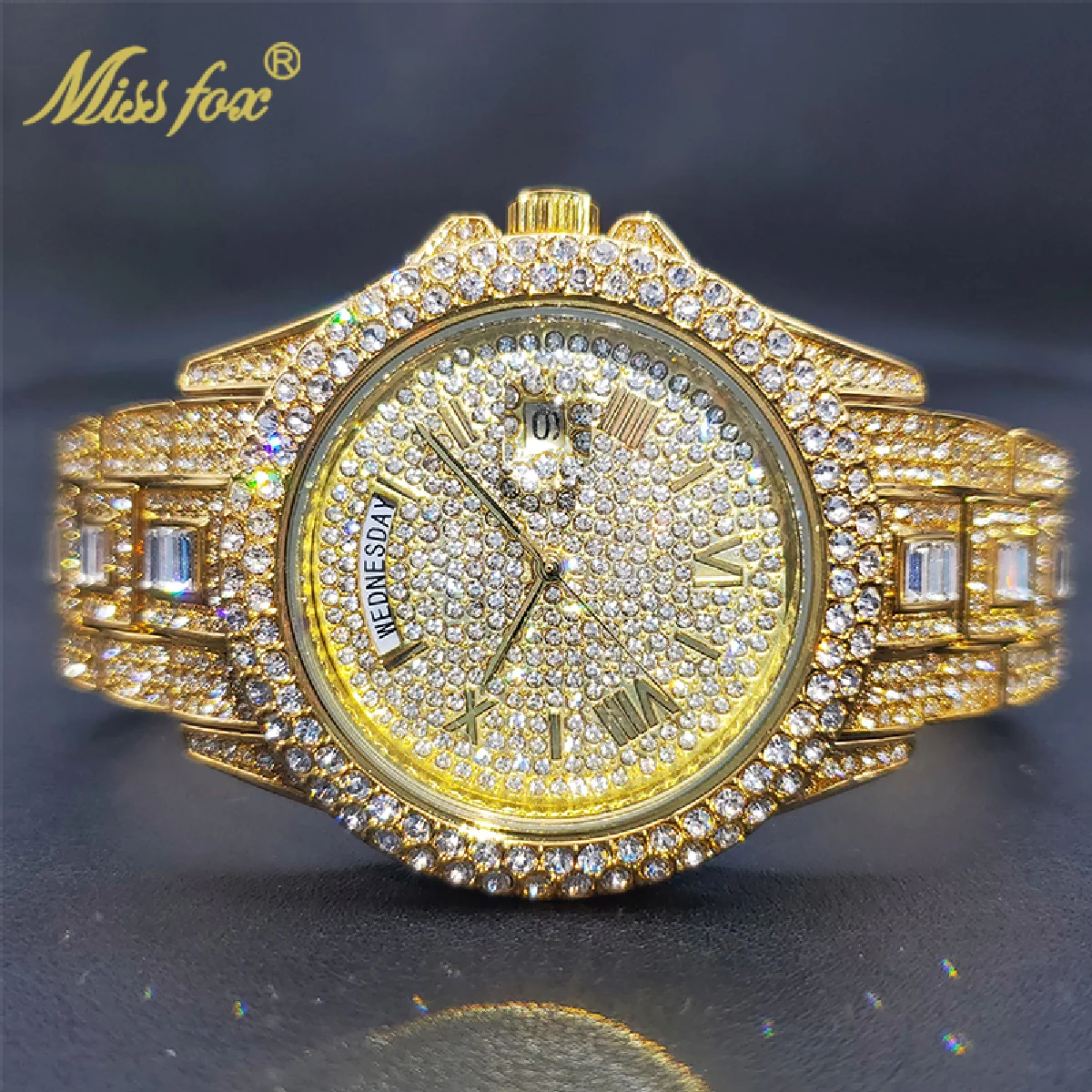 

New 18K Gold Men Luxury Designer Watch Moissanite Date Day Just Ice Out Quartz Watches Dropshipping