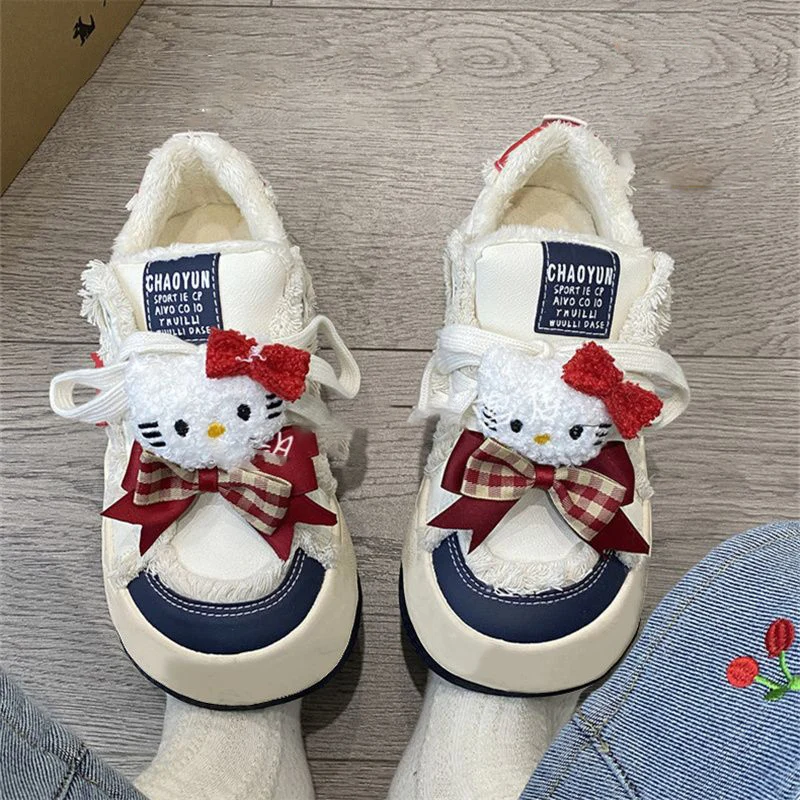 

New Kawaii Anime Hello Kitty Sanrio Doll Bow Thick Bottom Big Head Bread Shoes Cute Cartoon Girl Heart Plus Cashmere Cotton Shoe