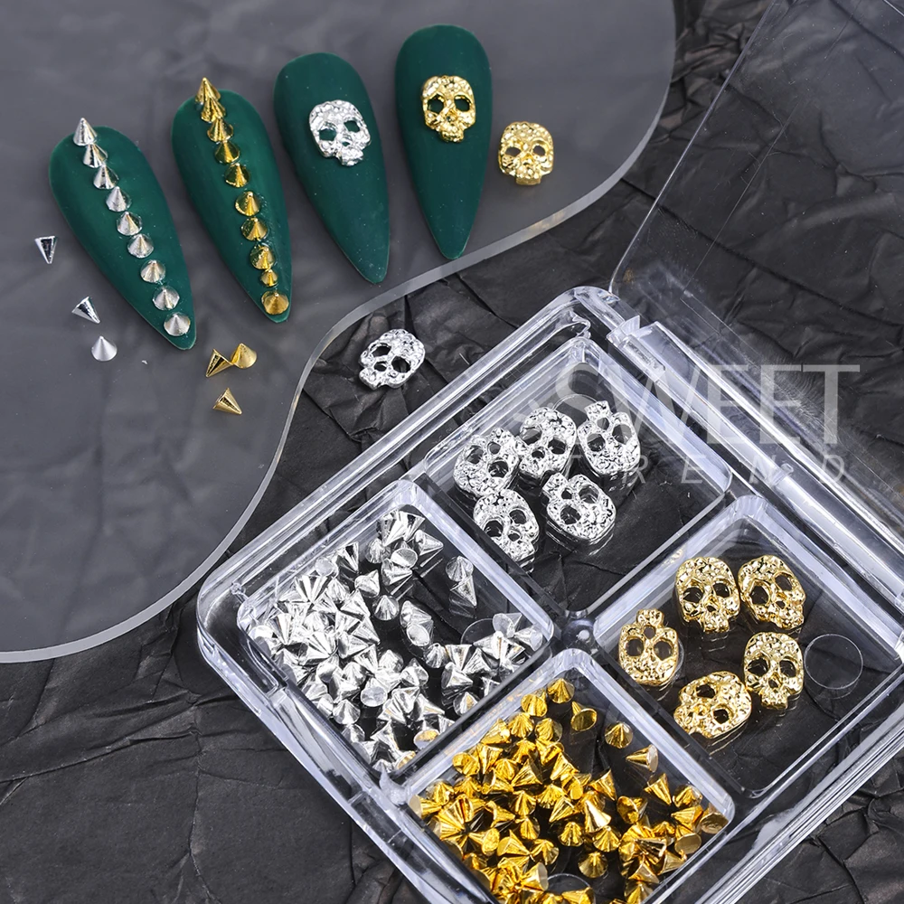 1/3 Boxes Punk Alloy Skull Nail Art Charms Parts Pearl Steel Beads Nail Art Decoration for Halloween Manicure DIY Nails Supplies