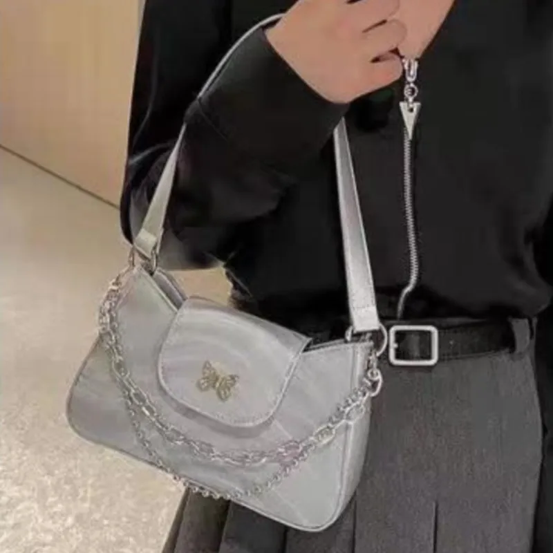 Silver Butterfly Design Shoulder Bag Women Chain Water Wave Leather Underarm Handbag Ladies Hot Girl Y2k Aesthetic Crossbody Bag