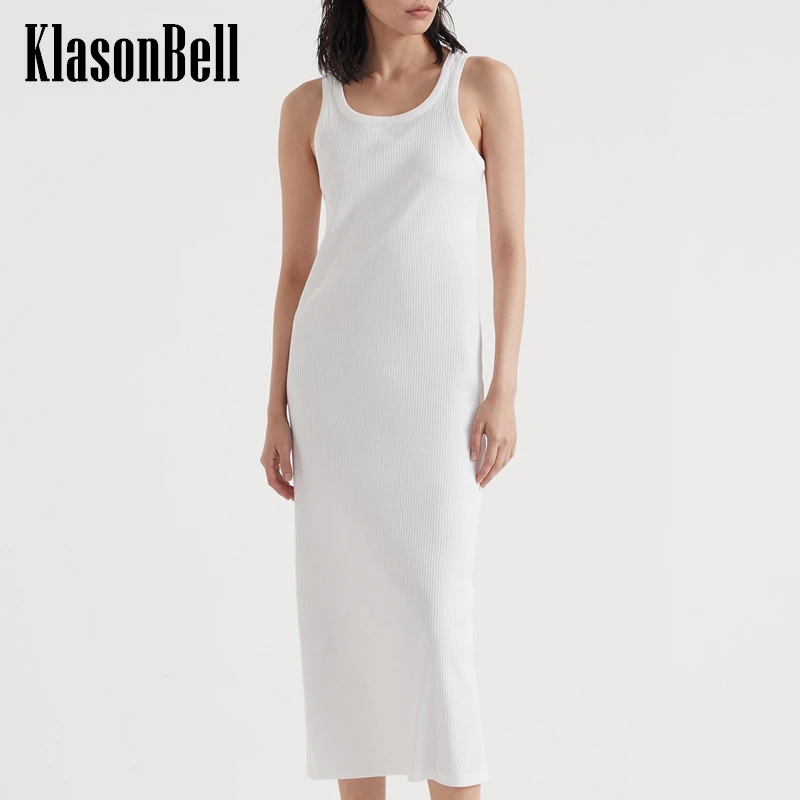 

5.7 KlasonBell Elegant Badge Embroidery Casual All-matches Tank Dress Women Ribbed Knit O-Neck Sleeveless Bodycon Maxi Dress