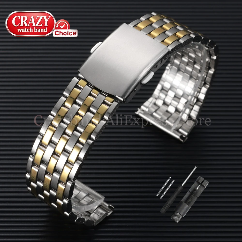 Silver Stainless Steel Watch Band with Folding Buckle and Tools - Elegant Metal Strap