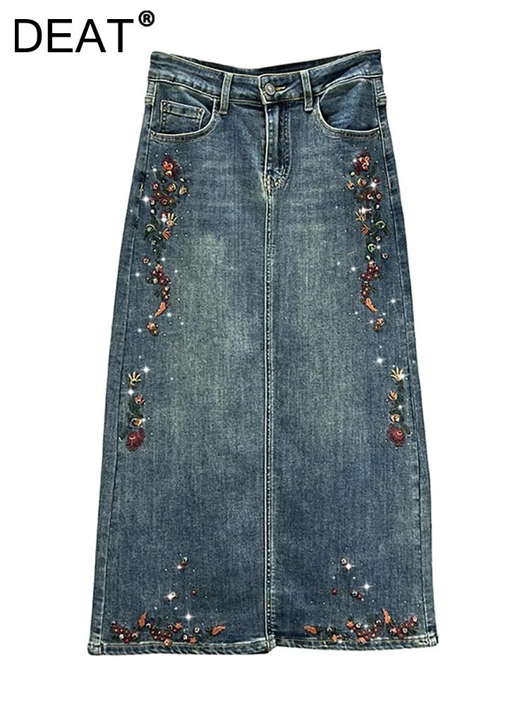 

DEAT Women's Denim Skirt High Waist Loose Colored Embroidery Diamond Split A-line Long Skirts 2023 Winter New Fashion 29L6522