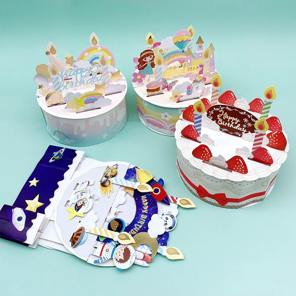 Birthday Card 3D Pop Up Cake Birthday Card With Envelope Set Strawberry Cake Astronaut Cartoon For Kids Friends Gifts