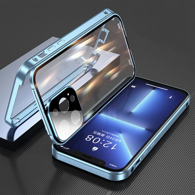 360° Full Protection Magnetic Double-Sided Glass Phone Case with Snap Lock and Metal Bumper Cover