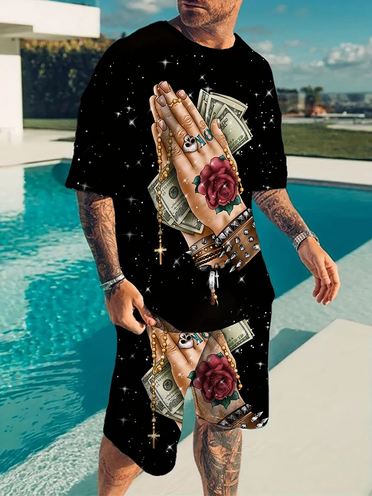 thumbnail image 1 of Conjunto de camiseta y pantalones cortos de manga corta con estampado 3D de oración y huella de mano para hombre, estilo informal de verano para exteriores, 1 of 4