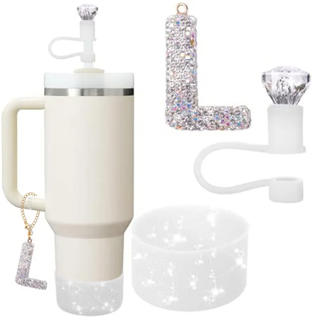 3Pcs Set Specially Designed for Stanley Cup Accessories, 1 Piece Initial Silicone Straw Lid, 1 Piece Name ID Letter Handle Charm 2