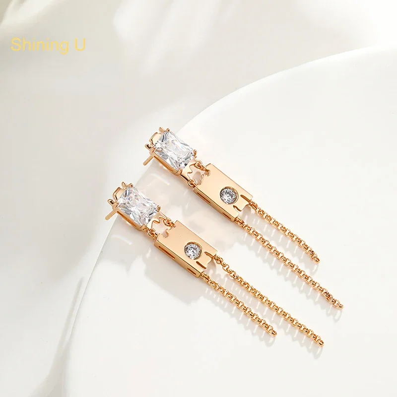 

Женские серьги-подвески с u-цирконом, Ювелирное Украшение с геометрическим покрытием прямоугольной формы, металлическая цепочка, покрытое 18-каратным золотом