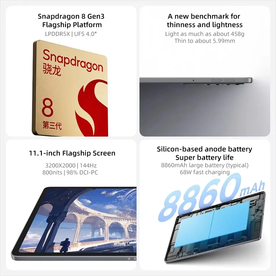 레노버 샤오신 패드 프로 GT 2025 태블릿 128/256GB 스냅드래곤 8 Gen3 11.1인치 144Hz 3.2K LCD 디스플레이 13MP 카메라 68W 충전 8860mAh