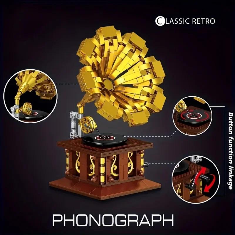 레트로 축음기 빌딩 블록, 장식 장난감, 소형 조립 빌딩 블록 장난감, 파티 조립 장식품, 582 개