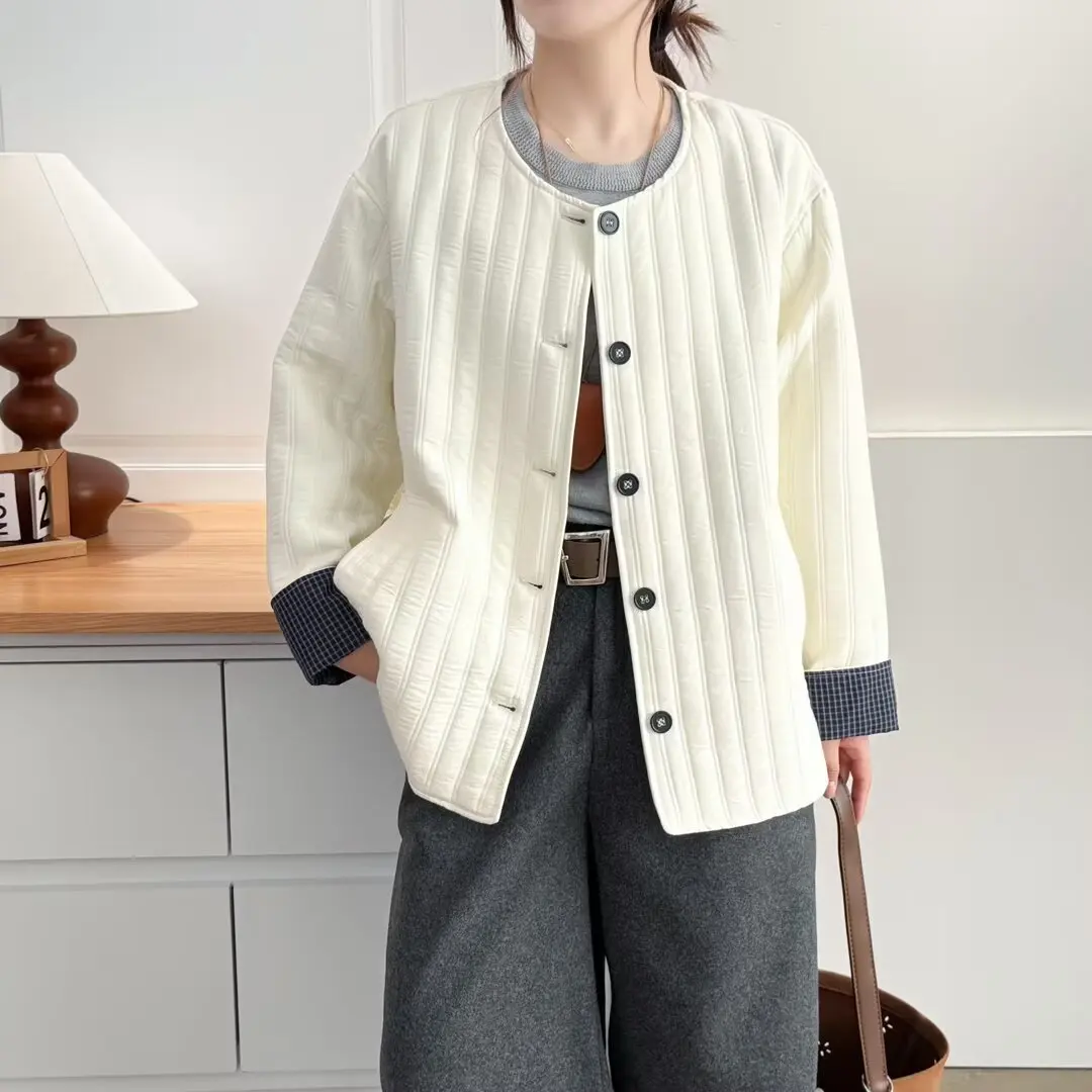 Plus Size Women's Parkas Casual Thin Collarless Plaid Cuffs Padded Jacket Warm Vertical Stripe Quilting Coats 2582