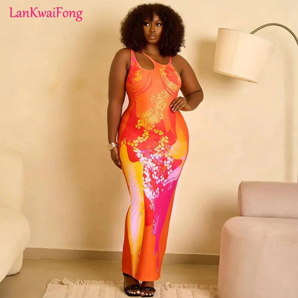 

2024 Fashion Printed Women's Sexy Strap Hollow Open Back Zipper Elastic MIDI One Step Dress