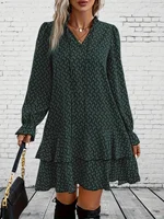 Plus Size 1XL-5XL Women Fashion Print Dress V-neck Casual Long Sleeve Party Flare Sleeve Ruffle Loose Dress