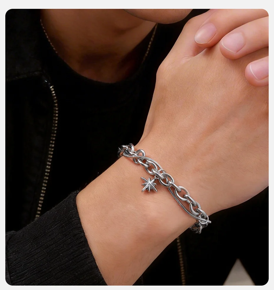 Vnox Edelstahl-Armband mit doppellagigem Stern, silberfarben, verstellbar, 17–22 cm, Hip-Hop-Charm-Kette, cooles Armband für Männer und Frauen – Detail 2