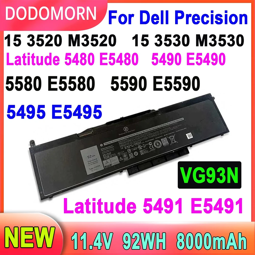 Nuova Batteria Per Laptop Vg93N Per Dell Precision 15 3520 3530 Per Dell Latitude 5591 5495 5590 5580 5490 5480 11.4V 92Wh