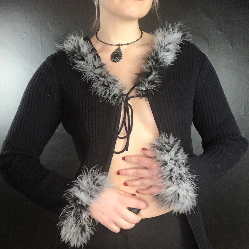 

autumn/winter fashion hooded fur collar jacket black pit strip sexy cardigan lace-up knitted temperament casual jacket jacket