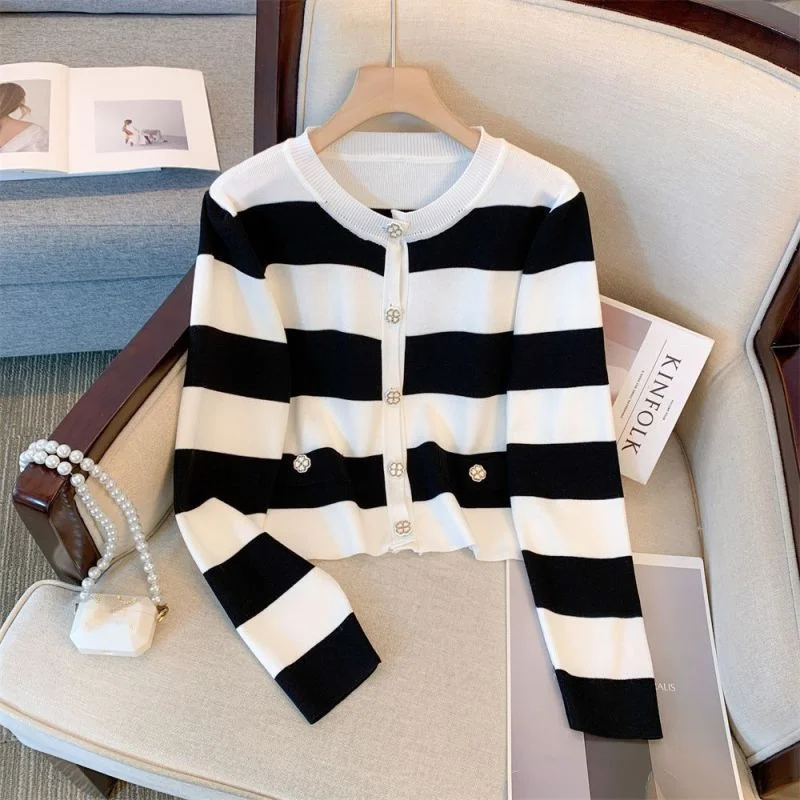 Women's Fashion Elegant Outfits Spring Autumn New Round Neck Stripe Knitted Cardigan Sweater+Two Piece Over Knee Dress Set