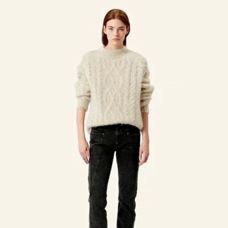 

2023 Autumn and Winter Solid Color Mohair Round Neck Cable Soft Waxy Sweater Women