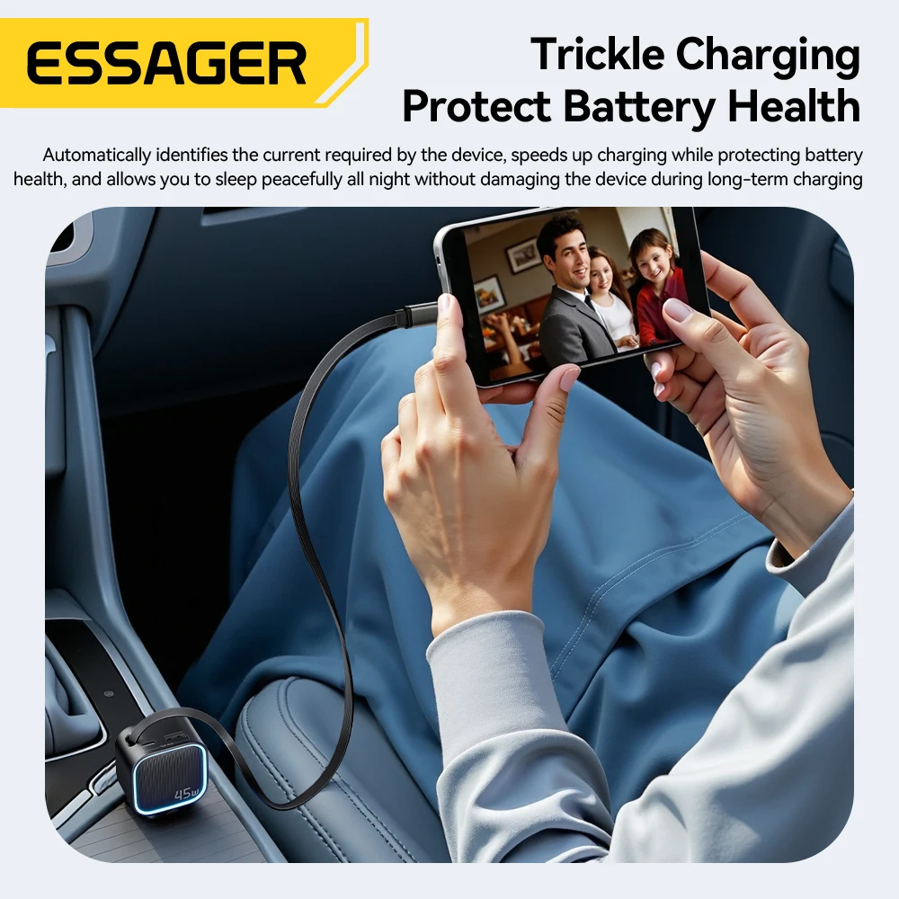 ESSAGER 45W Car Charger With 75CM Retractable Cable PD Fast Charging 3 Ports USB C & A Adapter For iPhone 17 16 15 Huawei iPad
